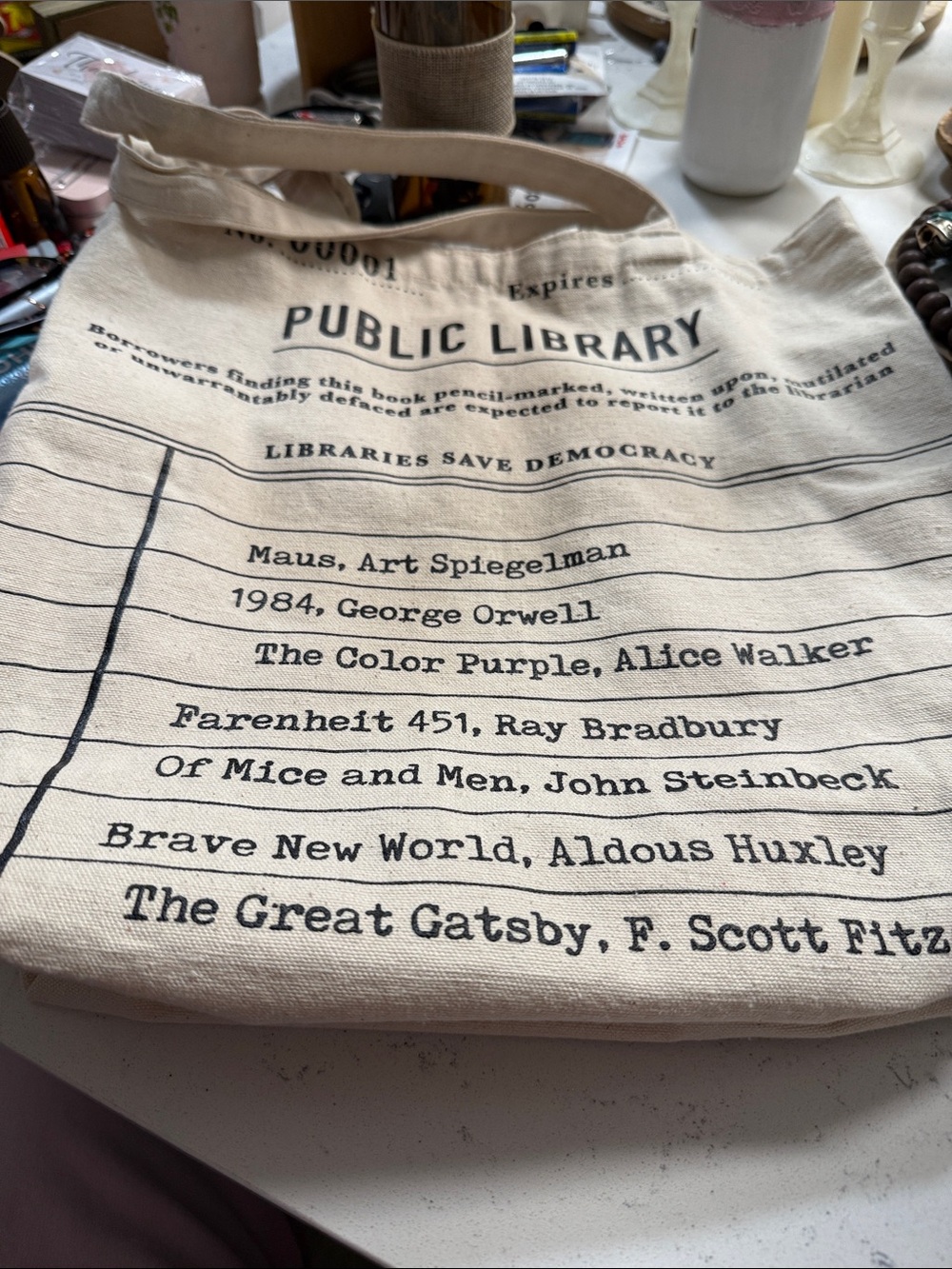 Gibbs Smith Cream Canvas “"Libraries Save Democracy Tote",